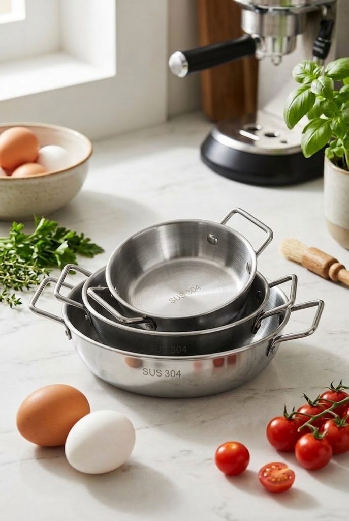 Paslanmaz Çelik Silver Renk Çift Kulplu 3’Lü Derin Sahan Seti Pişirme Ve Sunum Tavası 10,5 Cm - 12 Cm - 14 Cm'ın resmi