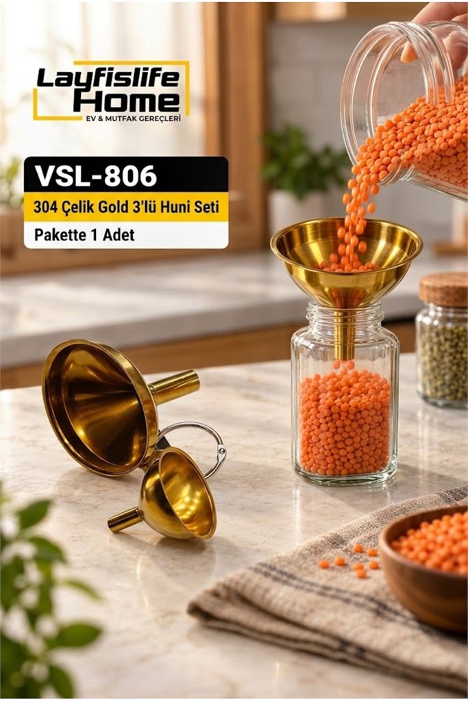 Gold Çelik 3'Lü Huni Seti Mutfak Şişe Kavanoz Dolum Hunisi Sıvı Aktarma Hunisi Vsl-806'ın resmi