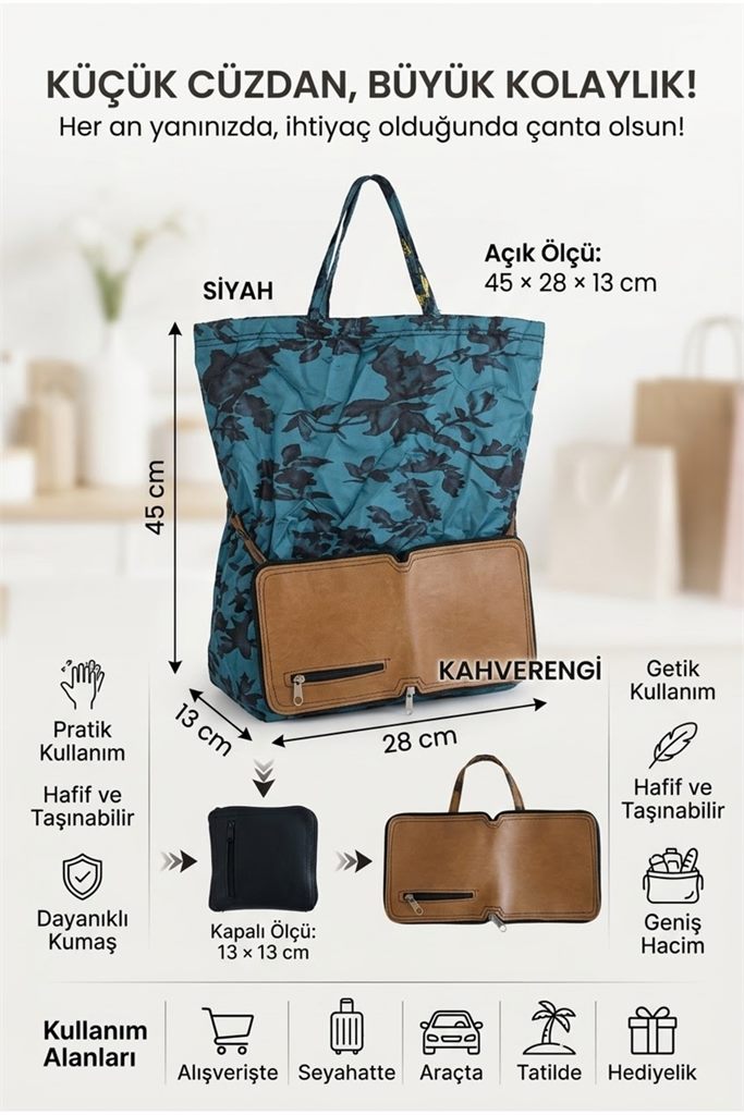 Cüzdanlı Katlanabilir Alışveriş Çantası 45X28x13 Cm – Pratik Taşınabilir Pazar Market Çantası/Vsc-500S'ın resmi