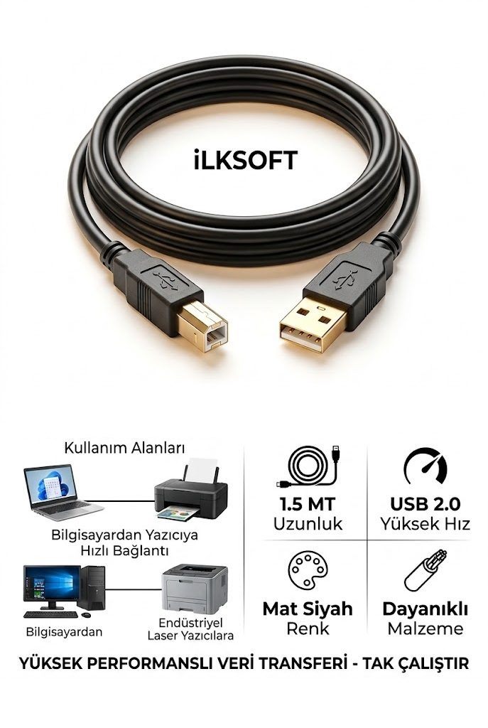 İlksoft Longtech Lt-1065 Usb 2.0 Yazıcı Kablosu – 1,5 Metre Siyah'ın resmi
